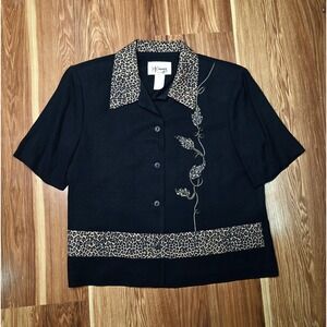 Vtg D.J. Summers Shirt Womens 6 Black Leopard Button Up Embroidered Made USA Y2k
